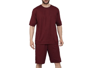 Conjunto de Camiseta y Pantalones Cortos de Algodón Color Granate para Hombre, Cuello Redondo Personalizado, Atuendo Casual de Verano, Color Sólido, Transpirable, Ligero, Corte Regular - Product Image 2