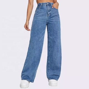 Custom Women's Jeans Washed Blue High Waist Fashion Casual Hot Sale Wide Leg Jeans - Product Image 4