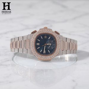 Reloj Moissanite personalizado de dos tonos, oro rosa, plata, esfera azul, completamente cubierto de diamantes, reloj de pulsera de lujo para hombre de acero inoxidable - Product Image 2