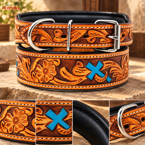 Collar de Perro de Cuero Repujado Estilo Western con Diseño Floral Cruzado y Forro Acolchado |   Collar Ajustable para Mascotas con Hebilla Metálica Hecha a Mano - Product Image 4