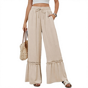 Women's Solid Color High Waisted Wide Leg <b>Pants</b> Ruffles Elastic Waist Regular Fit Breathable <b>Summer</b> Casual Style Full Length - Product Image 4