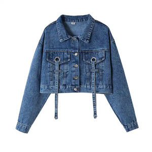 Chaqueta vaquera corta para mujer, de manga larga, con cuello vuelto, abotonadura sencilla, azul lavado - Product Image 1
