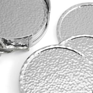 Stylish Hammered Design Silver Floral Metal <b>Drink</b> <b>Coaster</b> Set With Decorative Holder For Coffee Table Bar And Festive Decor - Product Image 3