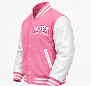 INDEX Varsity <b>Jacket</b> <b>Pink</b> White Sleeve Embroidered Logo Turn-down Collar Button Closure Autumn Wear Unisex Preppy Style - Product Image 4