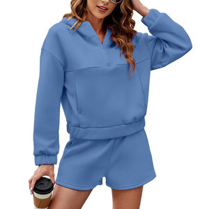 Ensemble décontracté 2 pièces pour femme : sweat-shirt bleu à quart de zip et short – Tenue athleisure estivale assortie – Vente en gros personnalisée - Product Image 3