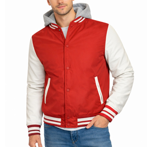 Chaqueta Varsity con Capucha para Hombre, Negra con Mangas Blancas, Color Sólido, Casual, Resistente al Viento, para Otoño, con Relleno de Poliéster y Cuello Camisero - Product Image 5