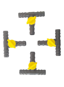 Conector de Riego por Goteo de 3 Vías, 16 mm, Válvula en T, Material PP, Negro y Amarillo, Resistente a la Intemperie, Fácil de Usar - Product Image 1