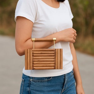 Pochette de soirée de luxe faite à la main en bois et résine, durable et écologique, avec incrustation géométrique, sac à bandoulière avec chaîne, logo personnalisé - Product Image 1