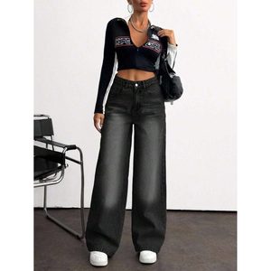 Jean droit taille haute en denim noir délavé vintage pour femme, 100 % coton écologique et respirant, style urbain tendance - Product Image 5