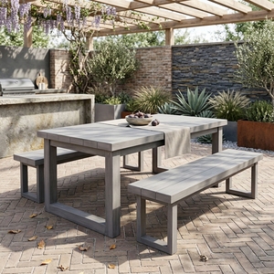Ensemble de jardin moderne, 1 table à manger 220x100 et 2 bancs, bois de teck massif, finition grise, résistant aux intempéries, mobilier d'extérieur, 6 places - Product Image 3