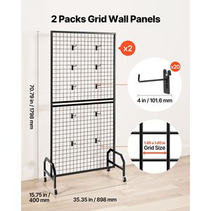 2 Pacchi di Pannelli a Griglia in Filo Metallico Nero 2,9 x 5,9 piedi, Espositore Mobile per Arte con 10 Ganci, Scaffale Espositivo Facile da Spostare - Product Image 2