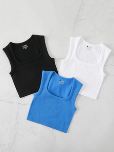 Solid Color Square Collar Sleeveless <b>Ribbed</b> Slim Fit Basic Racerback <b>Vest</b> Quick-dry Breathable Running Fitness Crop Tank Top - Product Image 2