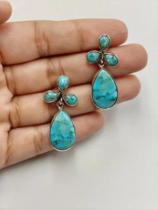 Boucles d'oreilles en turquoise en forme de larme en argent sterling 925, bijoux faits à la main de style western pour femmes, cadeau - Product Image 3