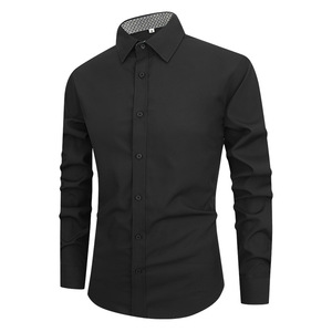 Chemise formelle noire unie à manches longues pour homme, coupe ajustée, tissu tissé - Product Image 2