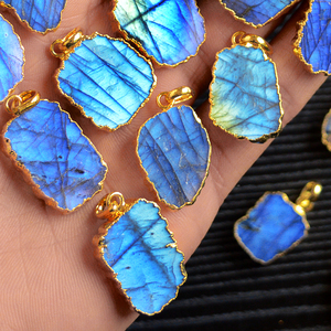 Labradorite Slice <b>Pendant</b> Natural Gemstone |Electroplated Gold Edge Irregular Shape Blue Flash Jewelry <b>Pendant</b> Wholesale <b>Africa</b> - Product Image 3