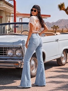 Women's Mid Waist <b>Boot</b> Cut Denim Jeans Vintage Cotton Knee Length - Product Image 3