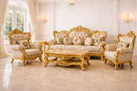 Ensemble de canapés 7 places de luxe en bois massif sculpté style arabe-persan avec feuilles dorées, mobilier de salon DST EXPORTS