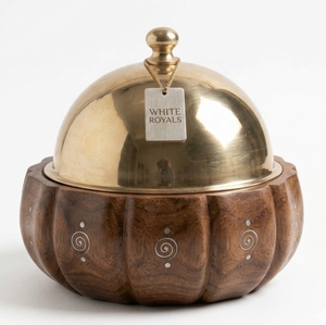 Juego de Cazuelas de Madera Hechas a Mano de Primera Calidad con Tapa de Acero Inoxidable Dorado y Diseño Redondo con Incrustaciones de Madreperla - Product Image 1