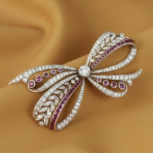 Broche de Lazo Vintage con Diamantes y Rubíes, Chapado en Oro Blanco de 14K, Certificado, Joyería de Regalo para Novia, Boda, Diseño Único para Mujer, Plata 925 - Product Image 1