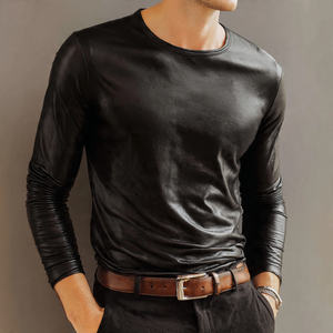 T-shirt pour homme à manches longues, col rond, style streetwear, en cuir PU de haute qualité, écologique, anti-UV - Product Image 3