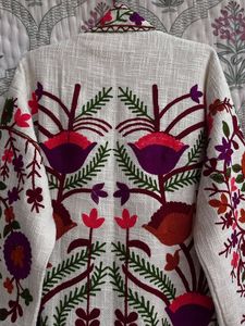 Manteau Bohème Brodé Floral Grande Taille pour Femme, Col Mandarin, Manches Longues, Coton, Vêtement d'Extérieur Décontracté Printemps - Product Image 3