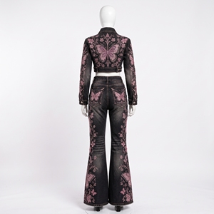 Womens Black Denim Two Piece Set Pink Butterfly <b>Floral</b> Embroidery Cropped Jacket Wide Leg <b>Jeans</b> Gothic Streetwear - Product Image 4