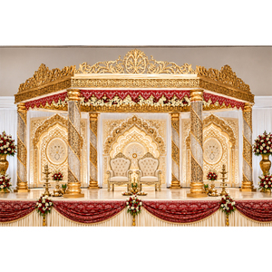 Magnifique structure de mandap de mariage de style maharaja en cristal doré, mandap de mariage luxueux en bois doré avec draperies rouges et décorations florales - Product Image 1