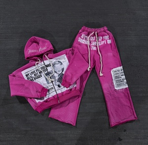 Custom Y2K Pink Rhinestone Tracksuit Heavyweight Cotton Fleece Full Zip Hoodie Distressed Sweatpants Graphic Screen Print - Product Image 1