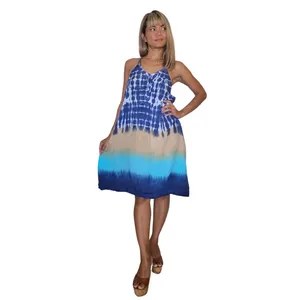 Ethnic Boho Rayon Midi Dress Tie Dye Print Sleeveless V-Neck Blue Beige Vacation Wear for Women - Product Image 2