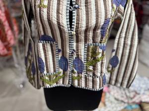 Hand Embroidered <b>Quilted</b> <b>Jacket</b> With Striped <b>Pattern</b> Blue Floral Design Stand Collar Full Sleeve Women's Autumn Wear GIFT - Product Image 3