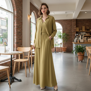 Completo Casual da <span class=keywords><strong>Donna</strong></span> Autunnale, Vestito Midi Svasato con Scollo a V e Maniche Lunghe, <span class=keywords><strong>Tuta</strong></span> da Jogging in Tessuto Tinto in Filo di Poliestere/Cotone - Product Image 2