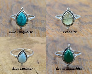 Anillo de Plata de Ley de Alta Calidad con Piedra de Pera, Larimar, Ónix, Ojo de Tigre, Cornalina, Prehnita, con Engaste de Bisel y Forma de Lágrima - Product Image 3