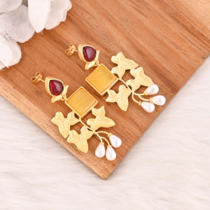 Pendientes de Latón con Perlas de Ojo de Gato Amarillo y Granate, Joyería Chapada en Oro para Mujer, Lote al por Mayor de 10 Pares - Product Image 3