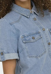 Women Denim Shirt Mandarin Collar Maxi Solid Color Breathable Casual <b>Summer</b> Style Cotton Woven Fit Regular Simple A-Line Quick - Product Image 4