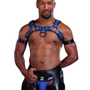 Harnais en fausse fourrure Bulldog Dark Room pour homme, bleu, avec sangles de poitrine réglables, tenue de club haut de gamme, costume sexy en dentelle - Product Image 1