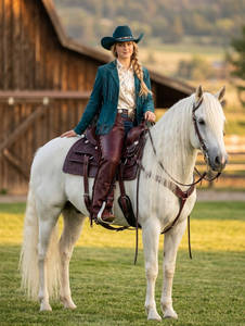 Silla de montar western de cuero para caballo con faja delantera, cabezada y pechera, montada en armazón de fibra de vidrio. Disponible en tallas 15, 16 y 17. - Product Image 6