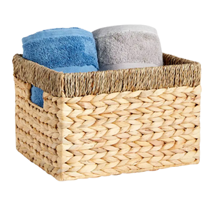 <b>Rustic</b> Handwoven Water Hyacinth Basket Boxes, Seagrass Decorative Storage Bin With Wooden Handles, Vietnam Manufacturer - Product Image 1