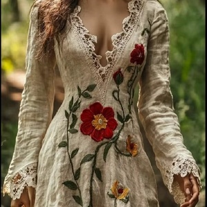Robe longue vintage en lin brodé style cottage avec bordure en dentelle crochet festonnée, manches longues cloche et décolleté en V profond - Product Image 1