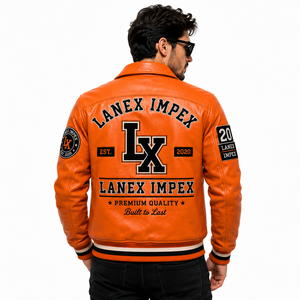 Custom Orange Leather Varsity Jacket for Men Premium Letterman Bomber Jacket with Embroidered Chenille Patches OEM ODM Supplier - Product Image 4