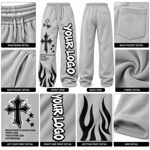 Pantalones Deportivos Personalizados para Hombre, Color Gris, Estilo Urbano, Felpa, Hip Hop, Ecológicos, Transpirables, Anti-Pilling, con Estampado Digital de Llamas Cruzadas - Product Image 5