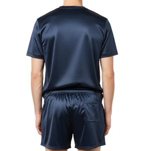 Ensemble de pyjama pour homme en satin soyeux de luxe 180g, tricoté, séchage rapide, t-shirt à col rond et short, logo frontal, bleu marine foncé, décontracté, été - Product Image 1
