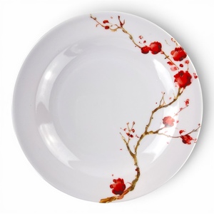 Traditional Asian <b>Melamine</b> Dinnerware Set Flat Plates Pigmented Red Plant Pattern Asian Zen Style Dishwasher Microwave Safe - Product Image 3