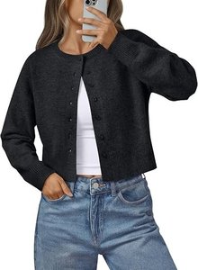 Pull court en tricot gris foncé pour femme, col rond, manches longues, décontracté - Product Image 5