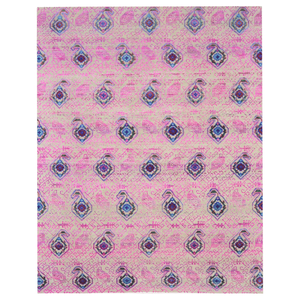 Tapis traditionnel en laine et soie noué à la main, rose blush et beige, 10' x 14' - Product Image 3