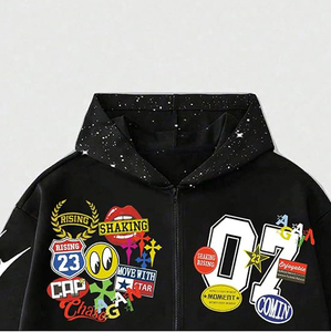 Sudadera con capucha corta de hombre con pedrería, corte holgado, peso pesado, lavado ácido, felpa francesa, hombro caído, con cremallera, al por mayor - Product Image 2