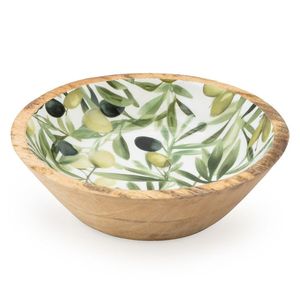 Tazón de madera de mango hecho a mano con interior esmaltado floral azul, diseño oriental para servir comida o regalar. - Product Image 3