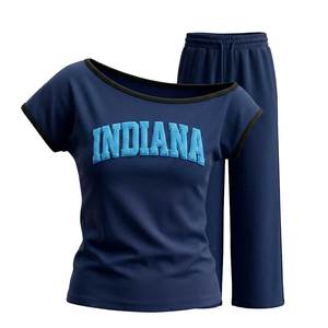 Ensemble de survêtement en coton brodé Kansas pour femmes, manches courtes, col rond, <span class=keywords><strong>pantalon</strong></span> long, coupe décontractée, toutes saisons - Product Image 5