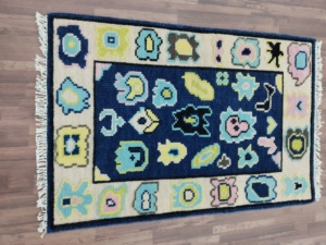 Tapis en laine bleu pastel abstrait style Oushak noué à la main, à poils coupés, vintage, fait main, pour décoration de salon, 1 pièce, à prix réduit - Product Image 5