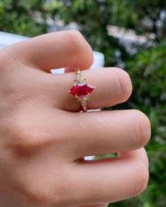 Anillo de compromiso de circonita cúbica roja con corte marquesa, de oro macizo de 14K, anillo de promesa de boda, joyería elegante para mujer, gran venta. - Product Image 1