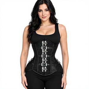 Corset en similicuir noir personnalisable OEM avec broderie florale noire, fermoir avant argenté et boucles latérales en acier – Vente en gros - Product Image 1